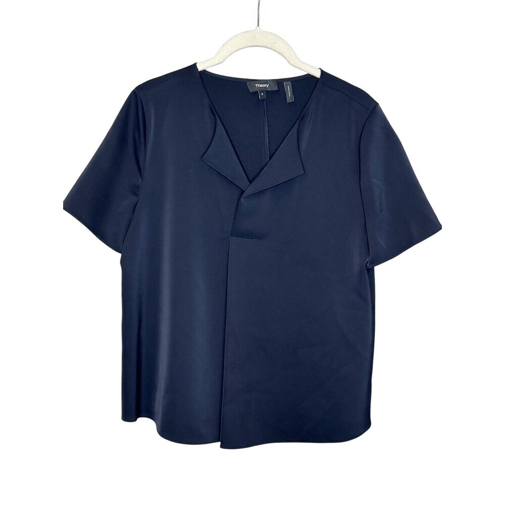 Theory Blouse Womens Small Blue Short Sleeve Fold Over V Neck Matte Twill Top - Picture 2 of 6